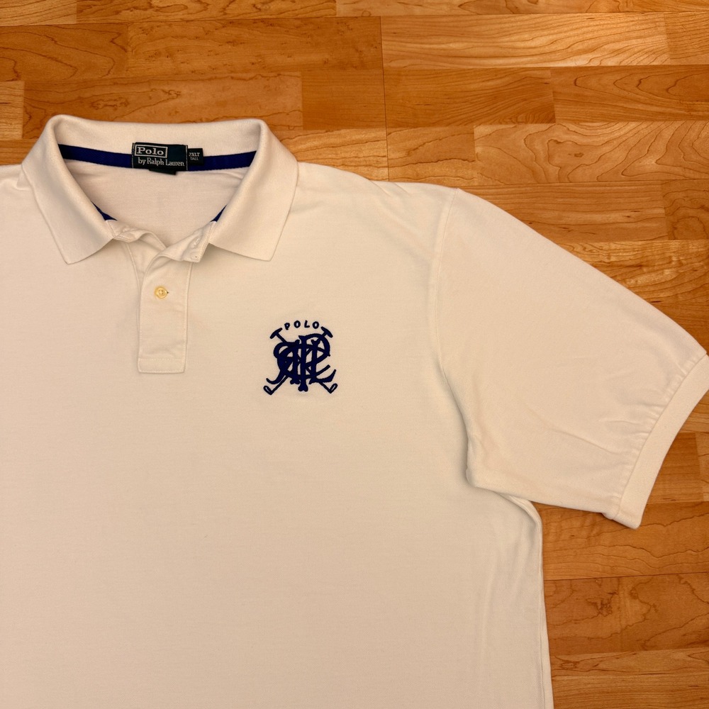 Vintage Polo Ralph Lauren Mens 2XLT Tall White Pique Polo Shirt Blue Crest Logo